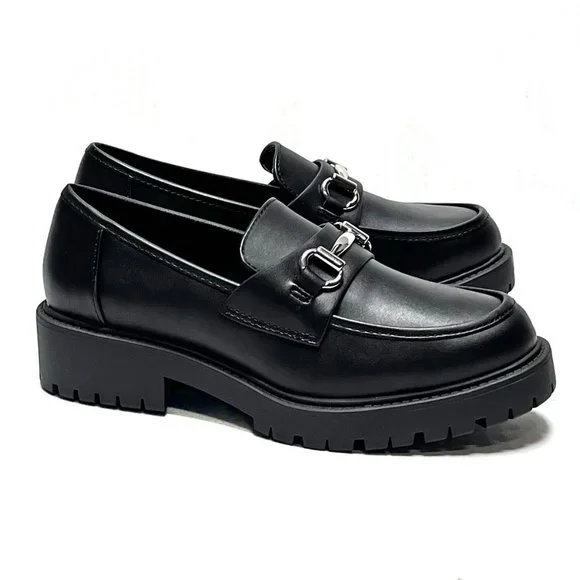 New Black Silver Chain Platform Slip On Chunky Heel Penny Loafers